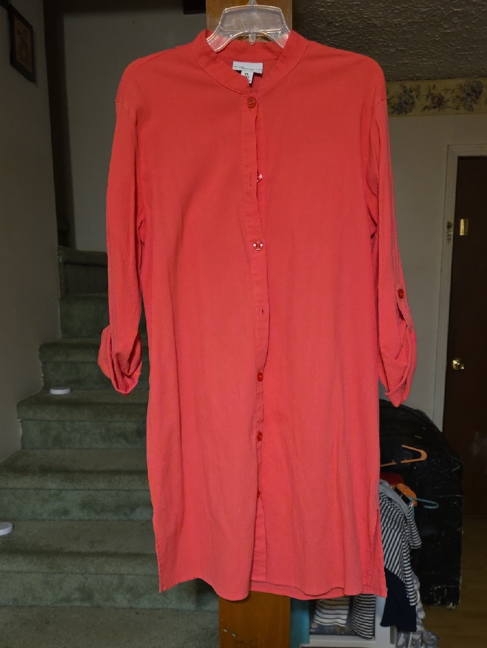 Women's Coral Long-Sleeve Button-Front Shirt Dress